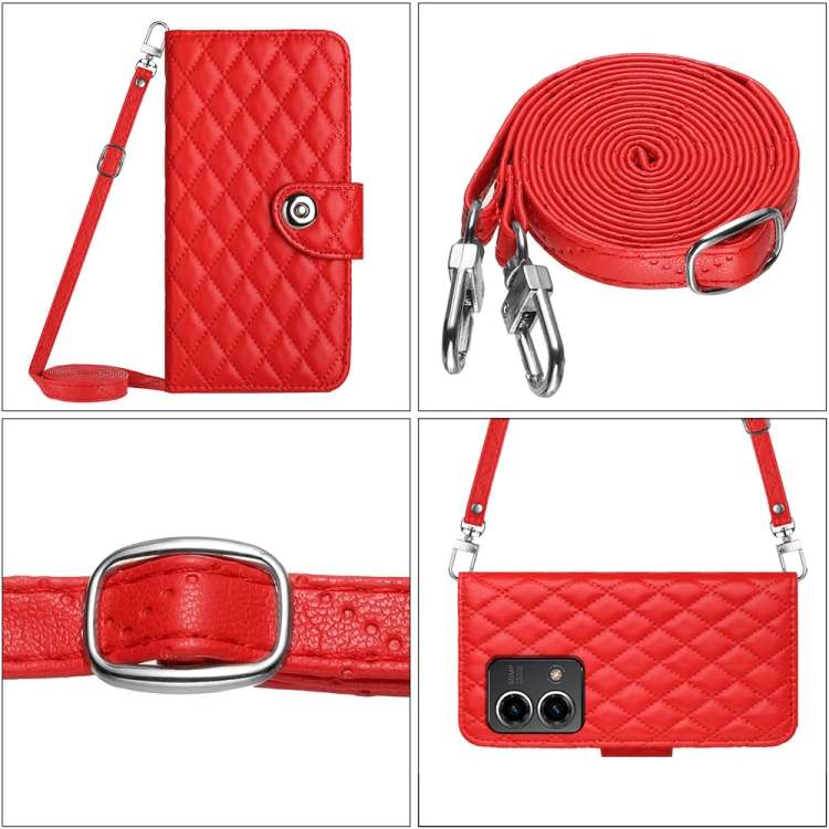 For Motorola Moto G Stylus 5G 2023 Rhombic Texture Flip Leather Phone Case with Long Lanyard(Red)