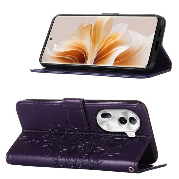 For OPPO Reno11 Pro 5G Global Embossed Butterfly Leather Phone Case(Dark Purple)