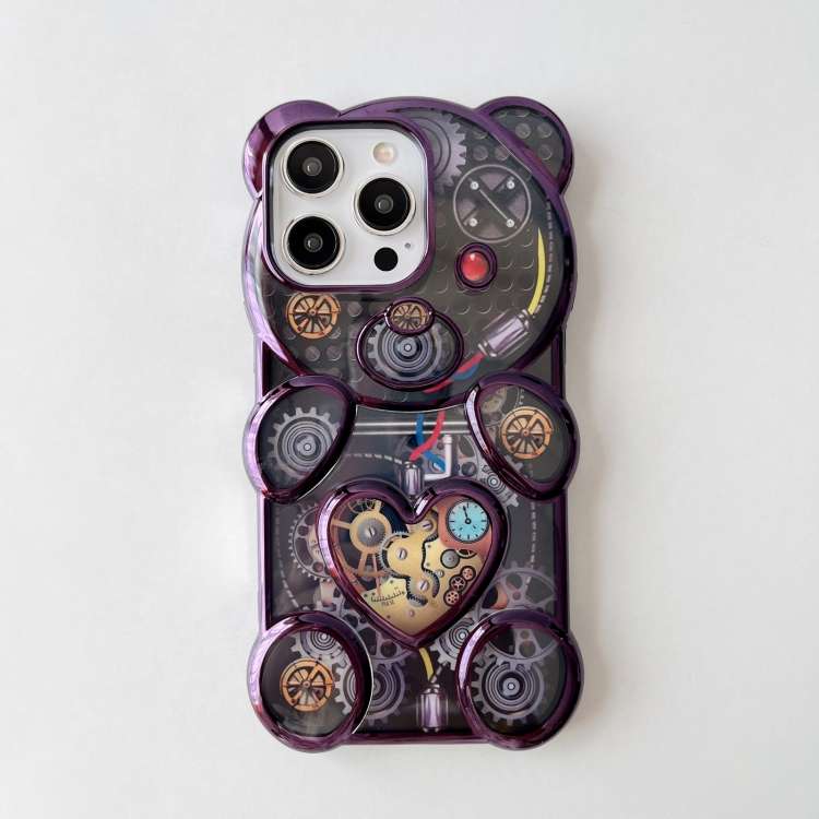 For iPhone 14 Pro Max Bear Shaped Embossed Electroplated TPU Phone Case(Purple)
