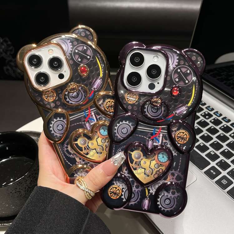 For iPhone 14 Pro Max Bear Shaped Embossed Electroplated TPU Phone Case(Purple)