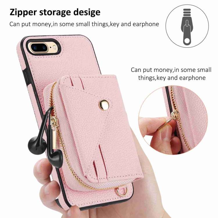 For iPhone 8 Plus / 7 Plus Crossbody Zipper Card Bag RFID Anti-theft Phone Case(Pink)