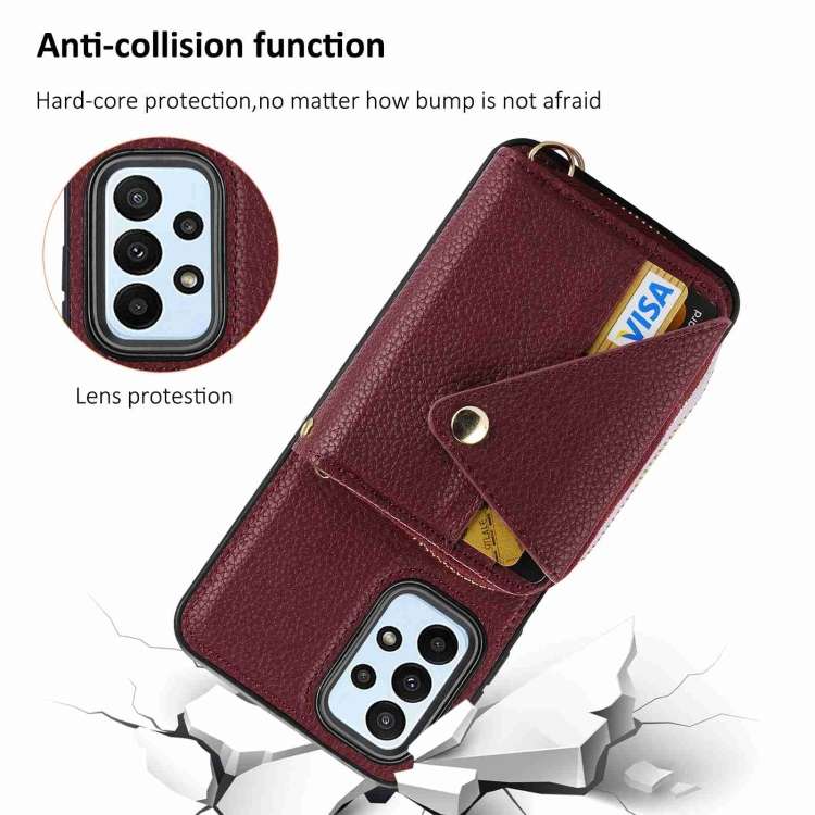 For Samsung Galaxy A05s Crossbody Zipper Card Bag RFID Anti-theft Phone Case(Wine Red)
