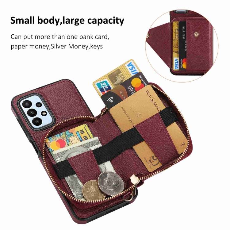 For Samsung Galaxy A05s Crossbody Zipper Card Bag RFID Anti-theft Phone Case(Wine Red)