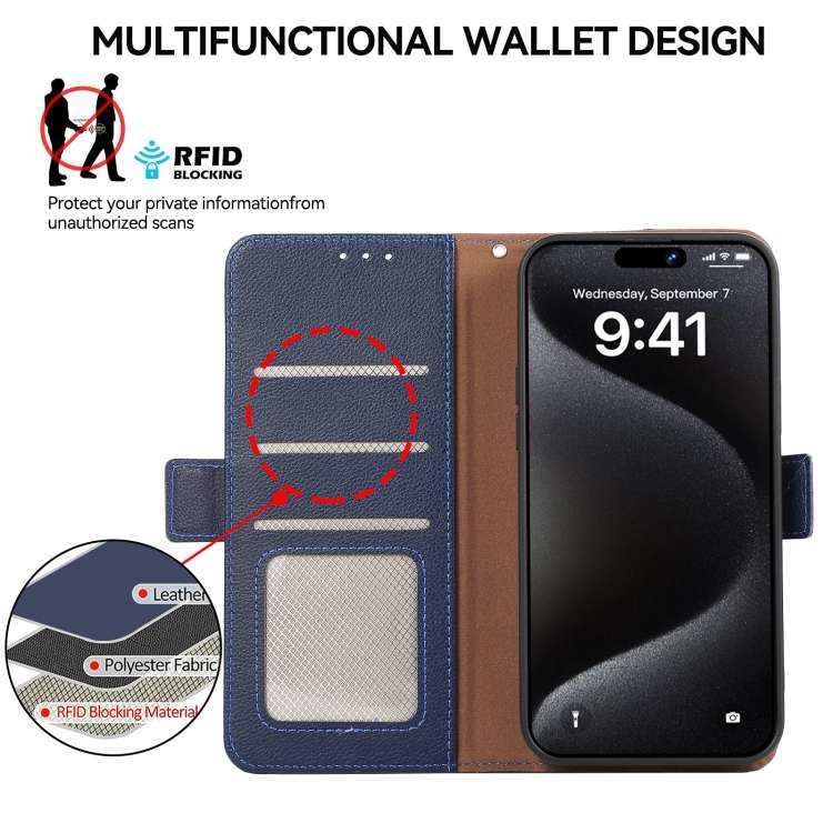 For iPhone 12 Pro Max ABEEL Side-Magnetic Litchi Pattern Leather RFID Phone Case(Blue)