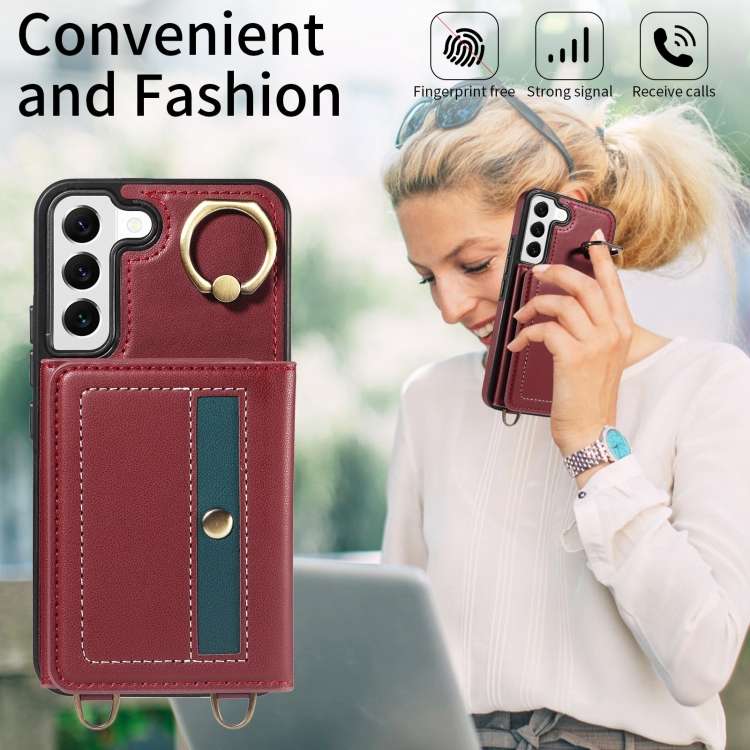 For Samsung Galaxy S22 5G Crossbodys Wallet Bag Ring Holder Leather Phone Case(Red)