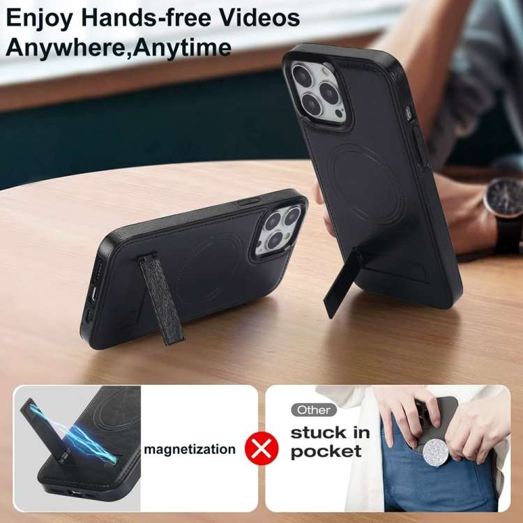 For iPhone 14 Pro Max Retro Leather Invisible Stand MagSafe Phone Case(Black)