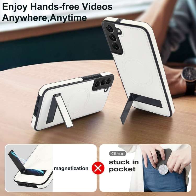 For Samsung Galaxy S22 5G Retro Leather Invisible Stand MagSafe Phone Case(White)