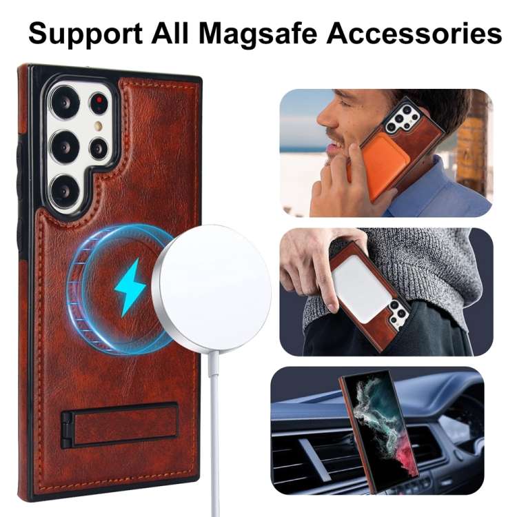 For Samsung Galaxy S22 Ultra 5G Retro Leather Invisible Stand MagSafe Phone Case(Brown)