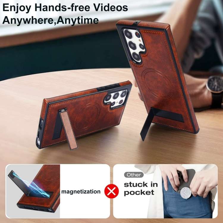For Samsung Galaxy S22 Ultra 5G Retro Leather Invisible Stand MagSafe Phone Case(Brown)