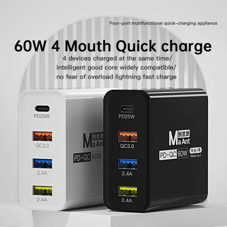 Ma-Ant 60W USB-C/Type-C+3 USB Multi-port Fast Charging Charger, Plug:EU Plug(Black)