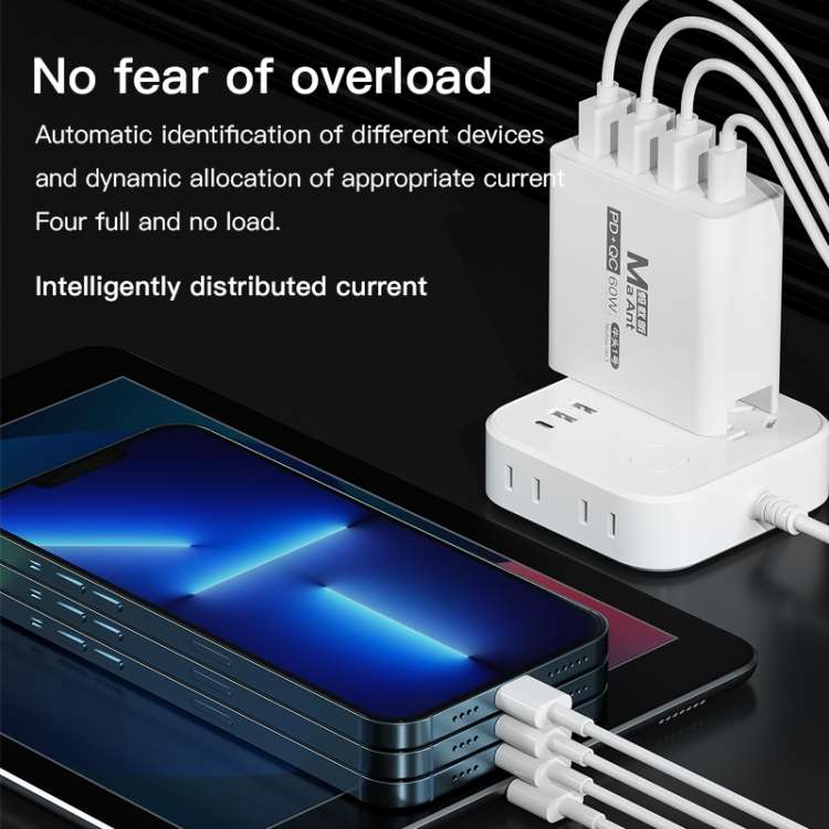 Ma-Ant 60W USB-C/Type-C+3 USB Multi-port Fast Charging Charger, Plug:EU Plug(Black)
