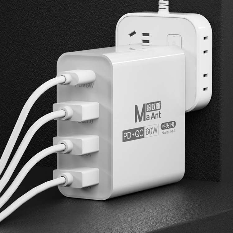 Ma-Ant 60W USB-C/Type-C+3 USB Multi-port Fast Charging Charger, Plug:EU Plug(Black)