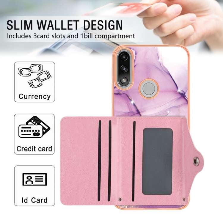 For Motorola Moto E7 Power / E7i Power Marble Pattern IMD Card Slot Phone Case(Pink Purple Gold)