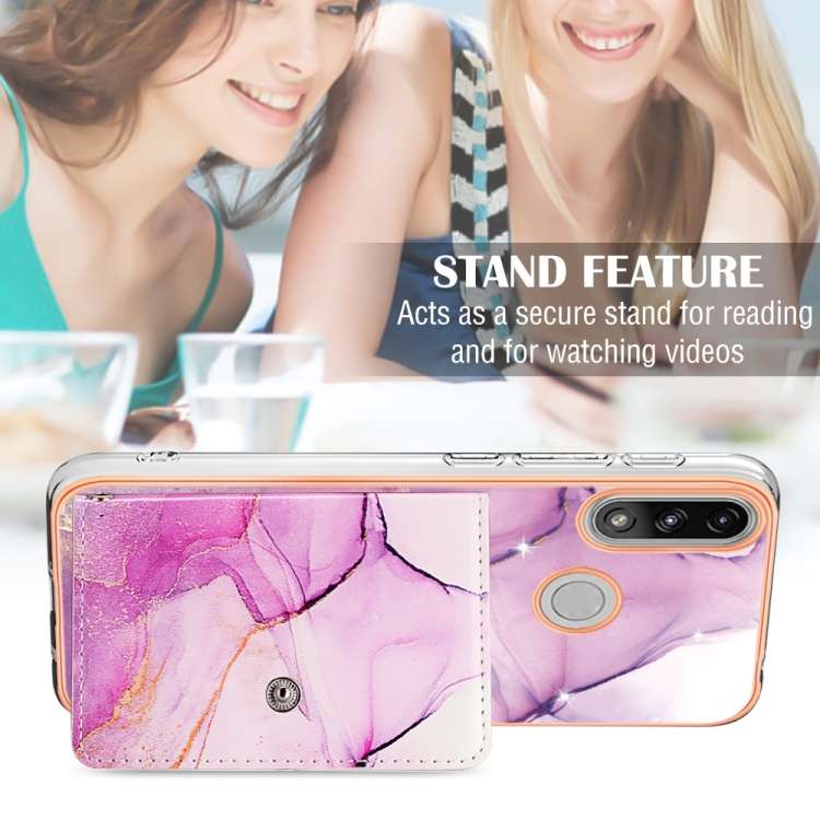 For Motorola Moto E7 Power / E7i Power Marble Pattern IMD Card Slot Phone Case(Pink Purple Gold)