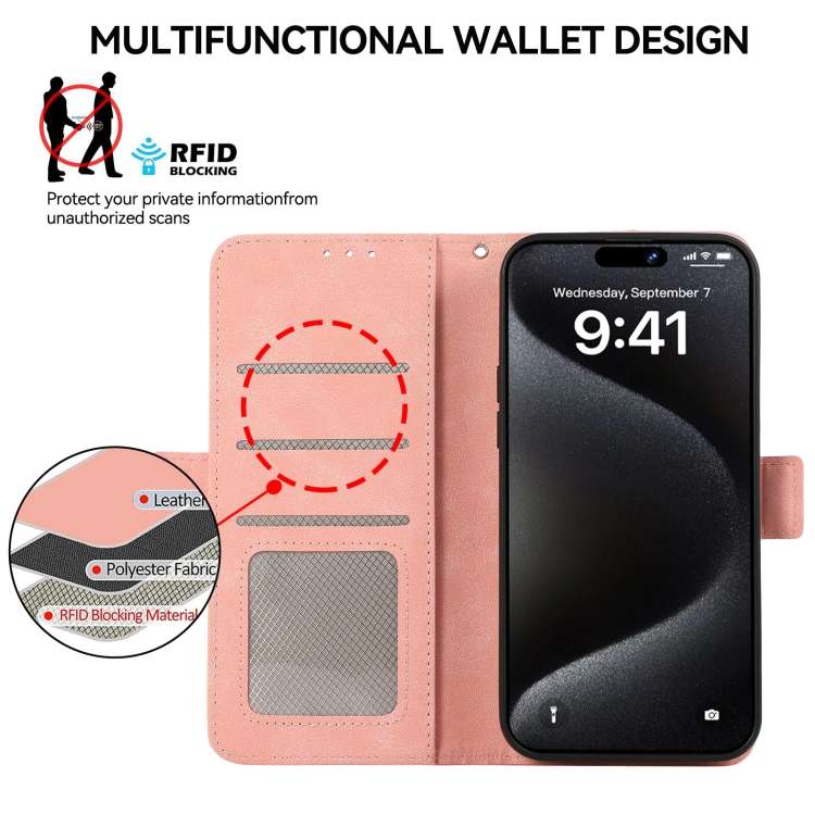 For iPhone 15 ABEEL Frosted Magnetic RFID Leather Phone Case(Pink)