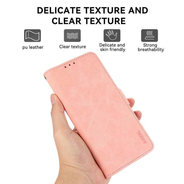For iPhone 15 ABEEL Frosted Magnetic RFID Leather Phone Case(Pink)