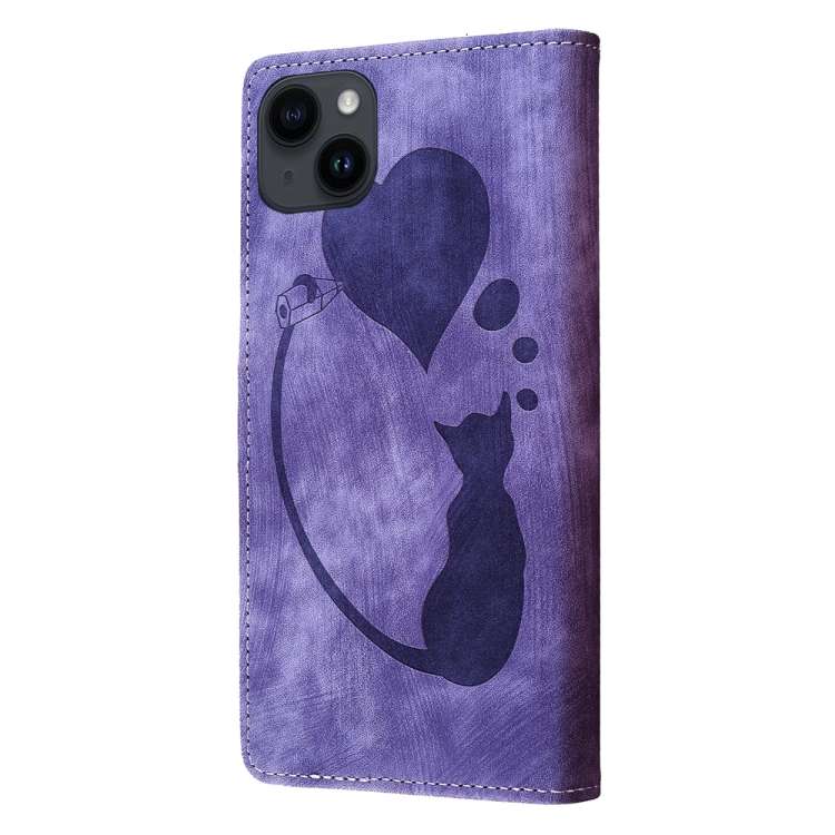 For iPhone 13 Pen Heart Cat Embossed Leather Phone Case(Purple)
