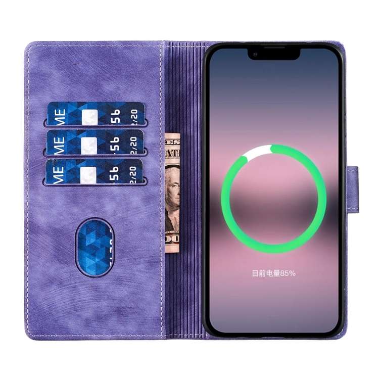For iPhone 13 Pen Heart Cat Embossed Leather Phone Case(Purple)