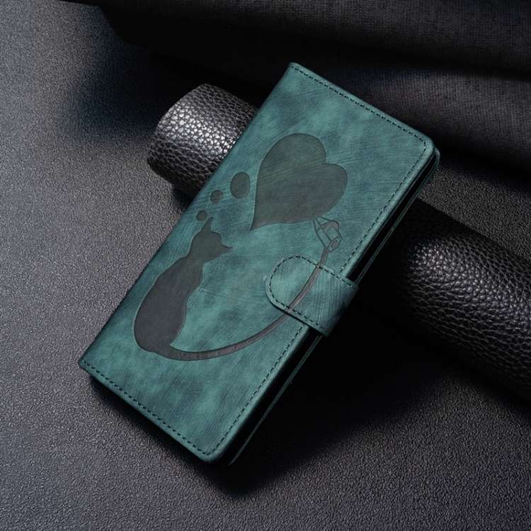 For iPhone 12 Pro Max Pen Heart Cat Embossed Leather Phone Case(Green)