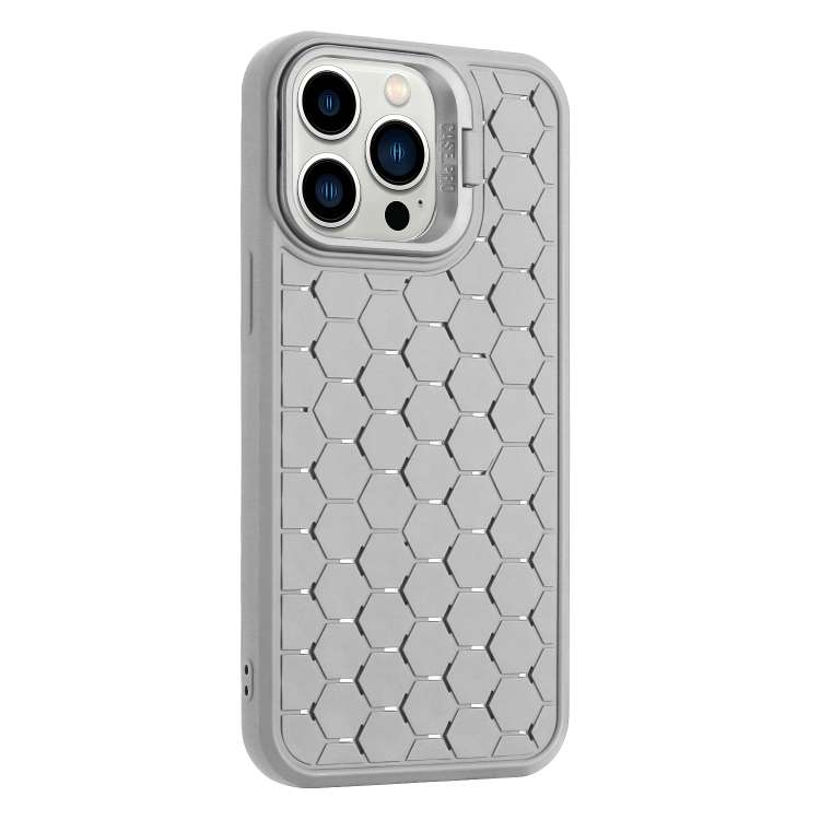 For iPhone 14 Pro Max Honeycomb Radiating Lens Holder TPU Phone Case(Grey)
