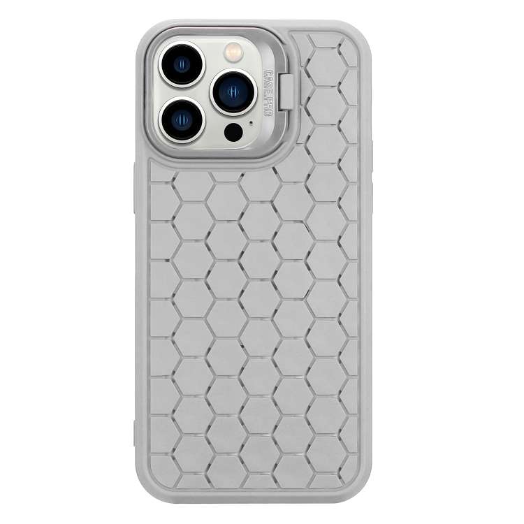 For iPhone 14 Pro Max Honeycomb Radiating Lens Holder TPU Phone Case(Grey)