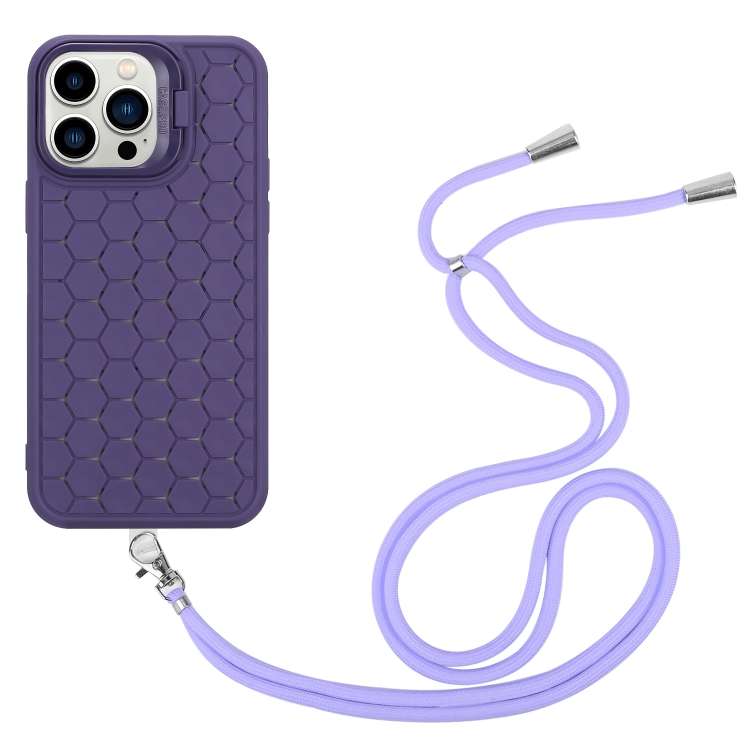 For iPhone 15 Pro Max Honeycomb Radiating Holder TPU Phone Case with Lanyard(Purple)