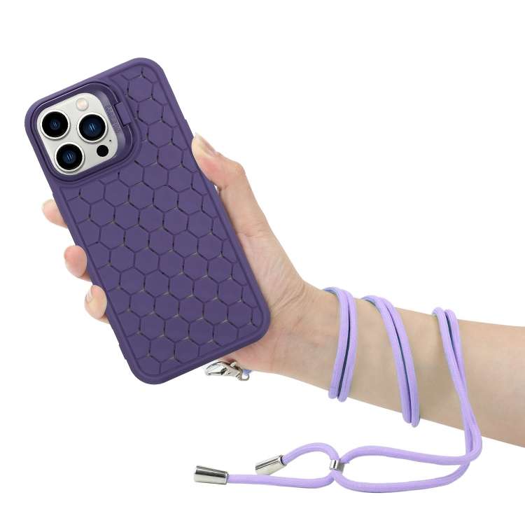 For iPhone 15 Pro Max Honeycomb Radiating Holder TPU Phone Case with Lanyard(Purple)