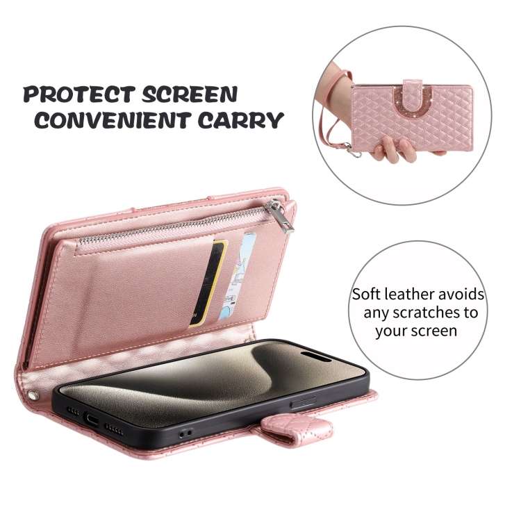 For iPhone 7 / 8 / SE 2022 Glitter Lattice Zipper Wallet Leather Phone Case(Rose Gold)