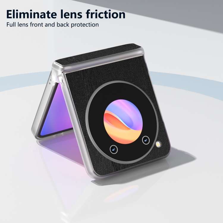 For ZTE nubia Flip ABEEL Three Parts Frosted Transparent Frame Hinge Wood Texture PU Phone Case(Blac