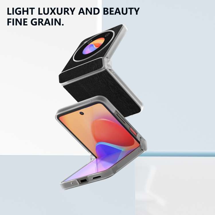 For ZTE nubia Flip ABEEL Three Parts Frosted Transparent Frame Hinge Wood Texture PU Phone Case(Blac