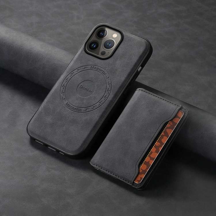 For iPhone 13 Pro Max Denior D13 Retro Texture Leather MagSafe Card Bag Phone Case(Black)