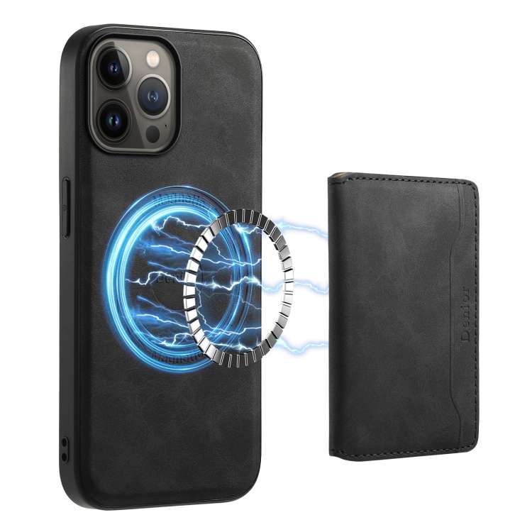 For iPhone 13 Pro Max Denior D13 Retro Texture Leather MagSafe Card Bag Phone Case(Black)