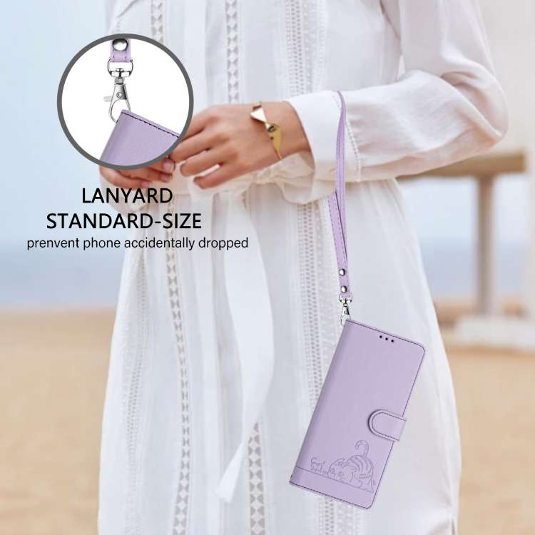 For iPhone SE 2024 Cat Rat Embossed Pattern RFID Leather Phone Case with Lanyard(Purple)