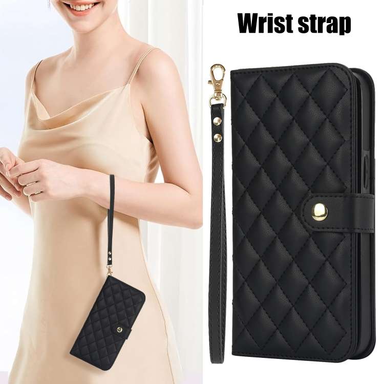For Samsung Galaxy S21 FE 5G Crossbody Multifunction Rhombic Leather Phone Case(Black)