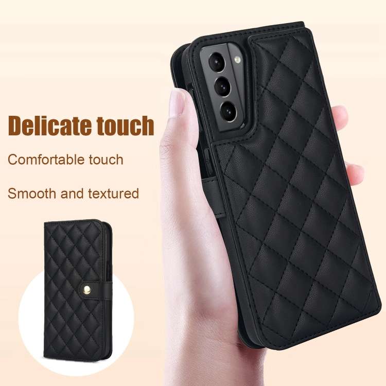 For Samsung Galaxy S21 FE 5G Crossbody Multifunction Rhombic Leather Phone Case(Black)