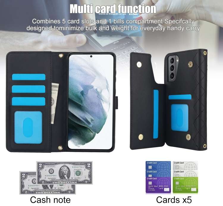 For Samsung Galaxy S21 FE 5G Crossbody Multifunction Rhombic Leather Phone Case(Black)
