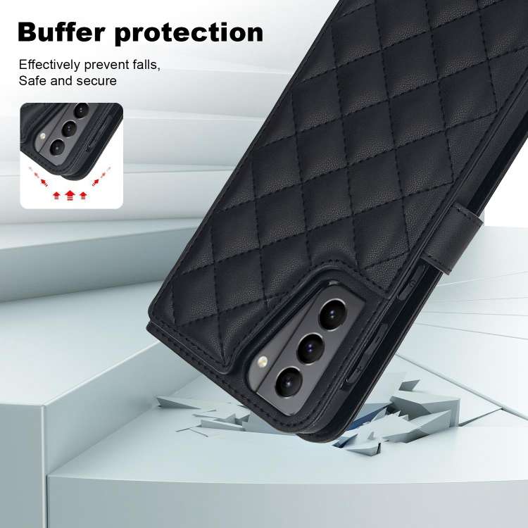 For Samsung Galaxy S21 FE 5G Crossbody Multifunction Rhombic Leather Phone Case(Black)