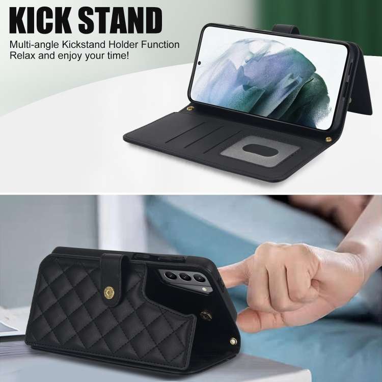 For Samsung Galaxy S21 FE 5G Crossbody Multifunction Rhombic Leather Phone Case(Black)