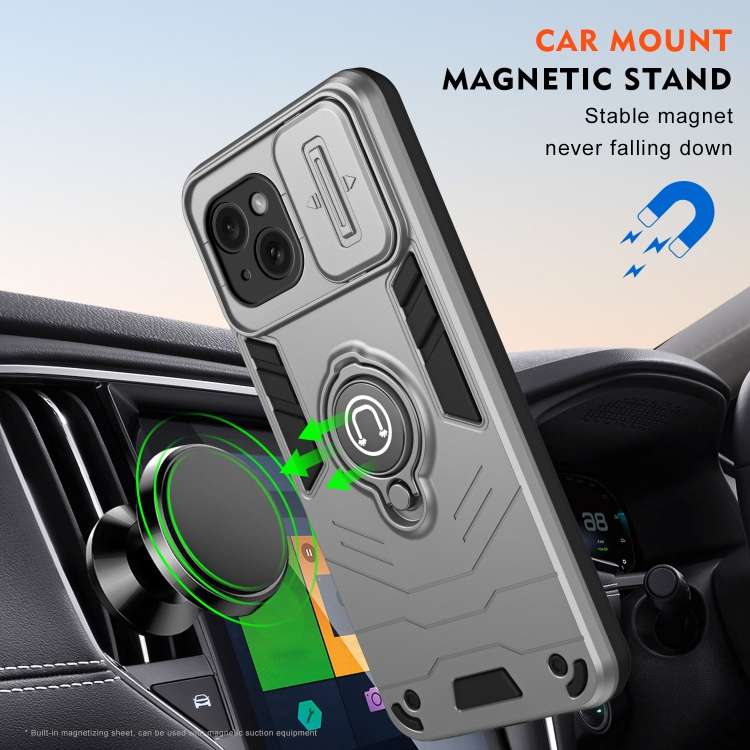 For iPhone 15 Camshield Ring Holder Phone Case(Grey)