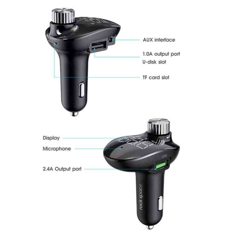 ROCK SPACE B302 18W QC3.0 Dual USB Digital Display Bluetooth Car Charger, Support 64GB U Disk & TF C