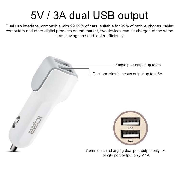 ZEQI ZE-C88 5V 3A Dual USB Ports Socket Cigarette Lighter Splitter Car Charger