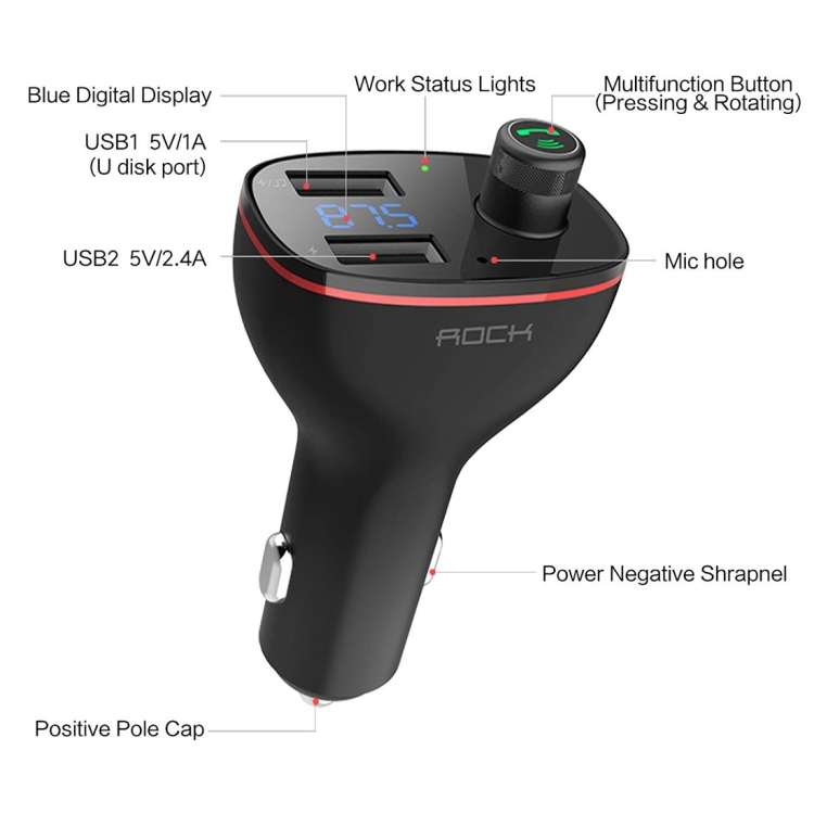 Rock B300 Wireless Bluetooth V4.2 FM Transmitter Radio Adapter Car Charger, With Dual USB Output & H