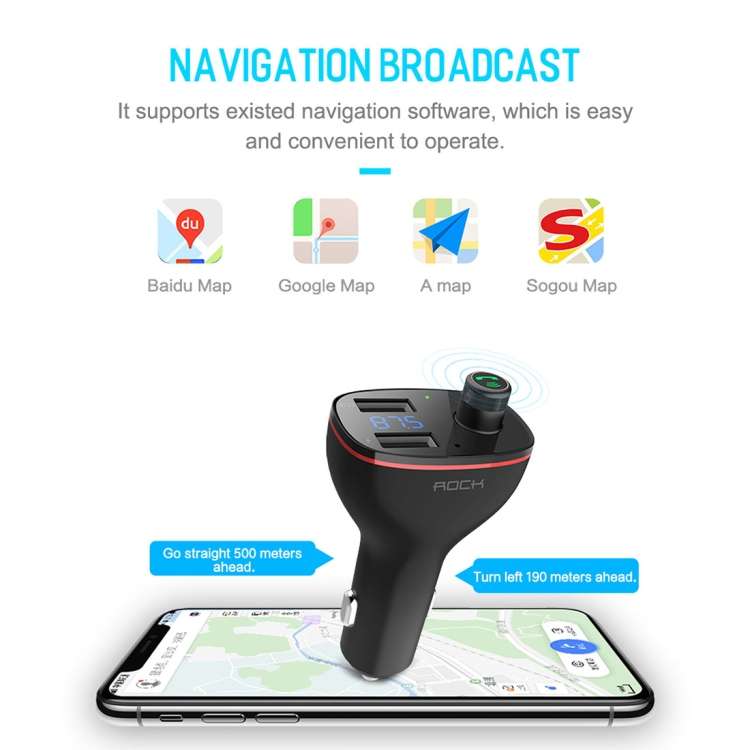 Rock B300 Wireless Bluetooth V4.2 FM Transmitter Radio Adapter Car Charger, With Dual USB Output & H