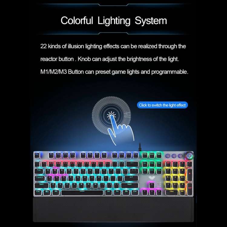 AULA F2088 108 Keys Mixed Light Mechanical Black Switch Wired USB Gaming Keyboard with Metal Button(