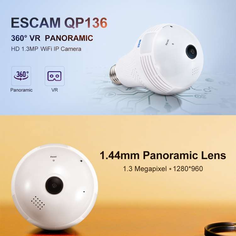ESCAM QP136 Light Bulb 360 Degrees VR Panoramic 1.3MP WiFi Camera, Support Motion Detection, Alarm M