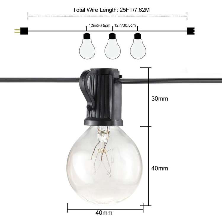 G40-EU-25 G40 7.6m 175W E12 IP44 Waterproof Retro Filament Bulb String Light, 25 Bulbs LED Decorativ