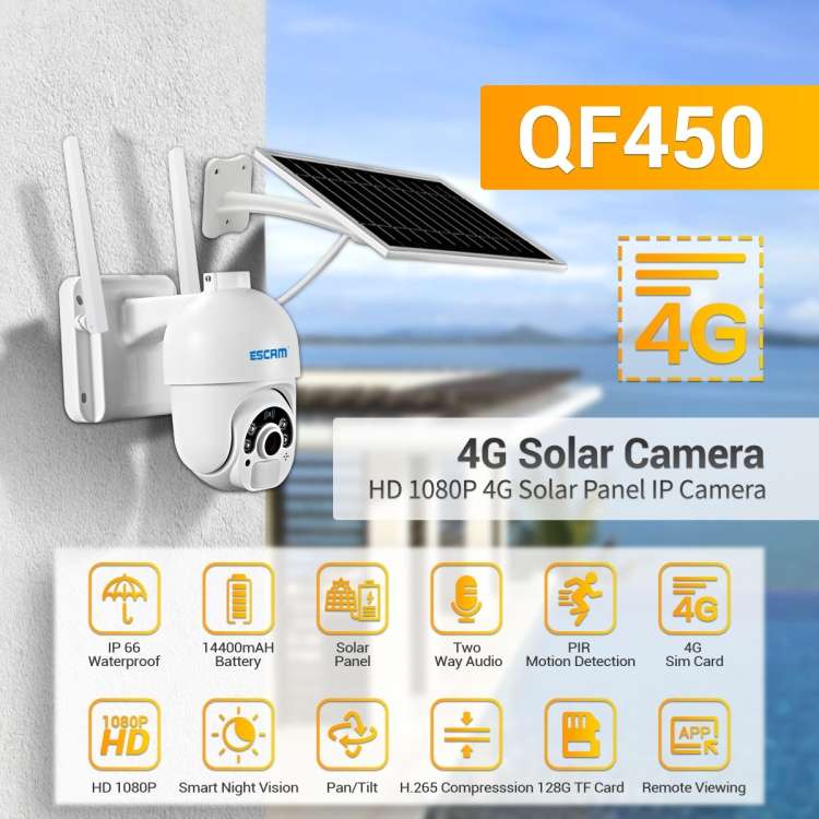 ESCAM QF450 HD 1080P 4G EU Version Solar Powered IP Camera with 64G Memory, Support Two-way Audio &