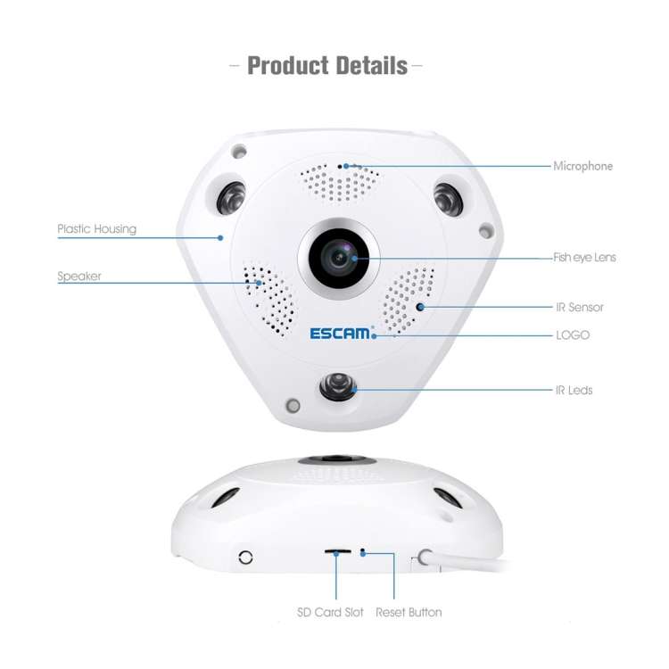 ESCAM Shark QP180 960P 360 Degrees Fisheye Lens 1.3MP WiFi IP Camera, Support Motion Detection / Nig