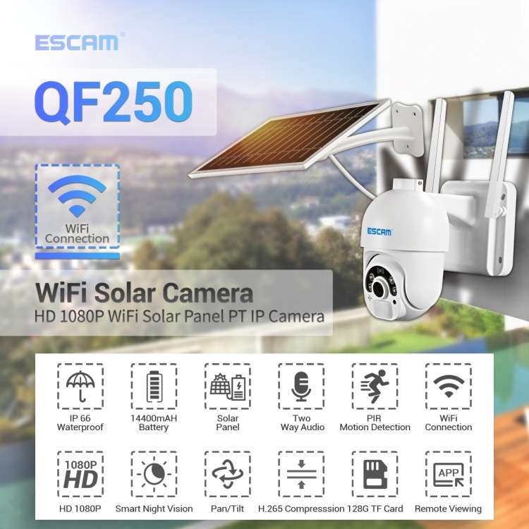ESCAM QF250 HD 1080P WiFi Solar Panel IP Camera, Support Motion Detection / Night Vision / TF Card /