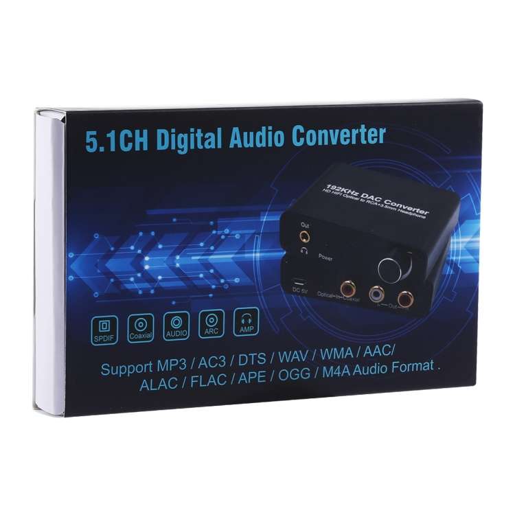 192KHz DAC Converter HD HIFI Optical to RCA+3.5mm Headphone 5.1 Channel Digital Audio Converter with
